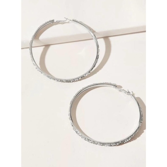 Large Rhinestone Earrings, Oversized Hoops, Silver - Picture 2 of 5